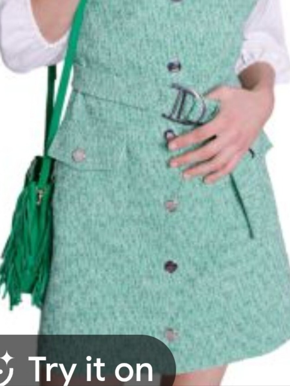 Maje Mint Green Tweed Dress with Silver Logo Button White Sleeves